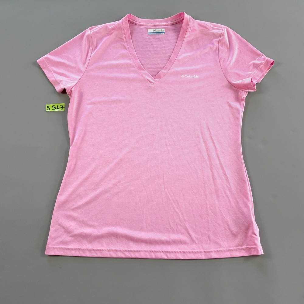 Columbia Womens Pink Heathered V-Neck Short Sleeve Activewear T-Shirt Medium